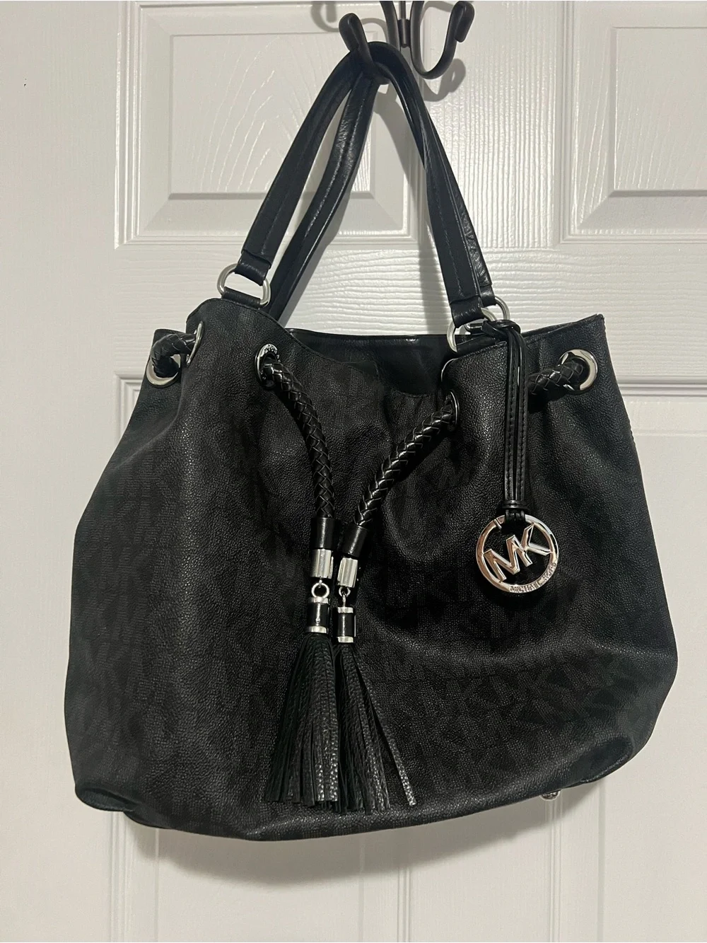 Michael Kors Black Logo Drawstring Shoulder Bag with Tassels
